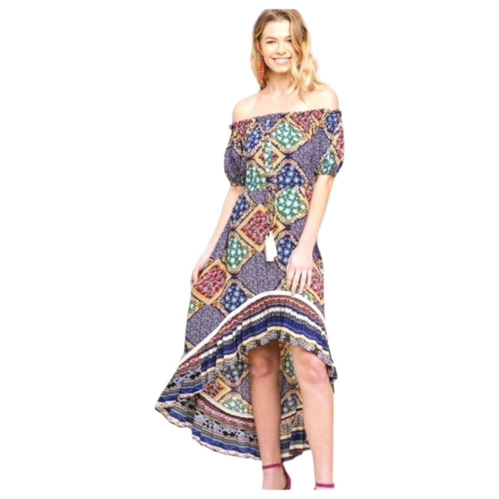 New Umgee Navy/Mix Scarf Print Off Shoulder Dress Size Large